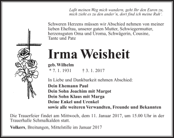 Traueranzeige von Irma Weisheit von Südthüringer Presse