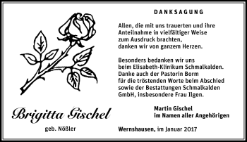 Traueranzeige von Brigitte Gischel von Südthüringer Presse