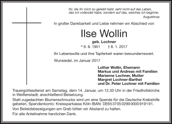 Traueranzeige von Ilse Wollin von Frankenpost
