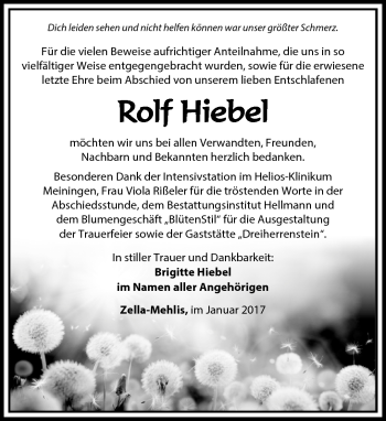 Traueranzeige von Rolf Hiebel von Südthüringer Presse