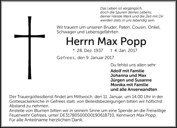 Traueranzeige von Max Popp von Frankenpost