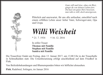 Traueranzeige von Willi Weisheit von Südthüringer Presse