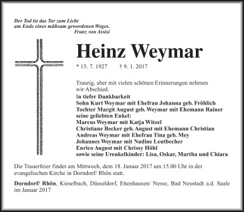 Traueranzeige von Heinz Weymar von Südthüringer Presse