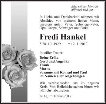 Traueranzeige von Fredi Hankel von Südthüringer Presse