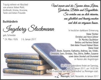 Traueranzeige von Ingeborg Stockmann von Südthüringer Presse