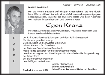 Traueranzeige von Egon Kranz von Südthüringer Presse