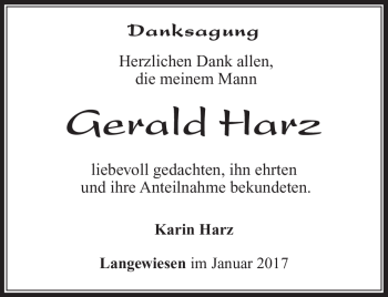 Traueranzeige von Gerald Harz von Südthüringer Presse