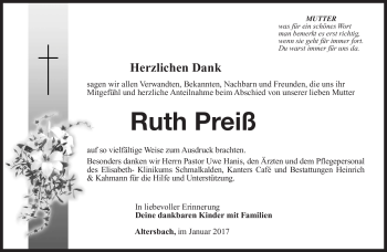 Traueranzeige von Ruth Preiß von Südthüringer Presse