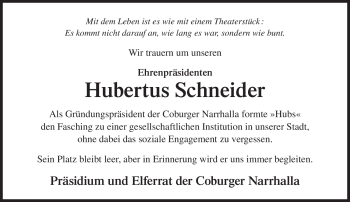 Traueranzeige von Hubertus Schneider von Neue Presse Coburg