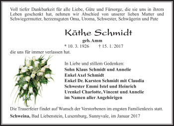 Traueranzeige von Käthe Schmidt von Südthüringer Presse