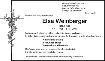 Traueranzeige von Elsa Weinberger von Frankenpost