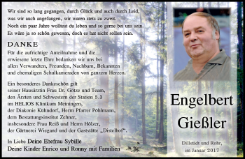 Traueranzeige von Engelbert Gießler von Südthüringer Presse