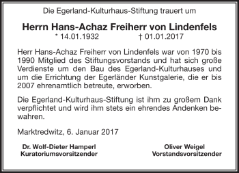 Traueranzeige von Hans-Achaz Freiherr von Lindenfels von Frankenpost