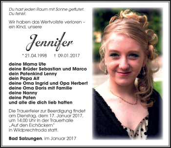 Traueranzeige von Jennifer Kammler von Südthüringer Presse