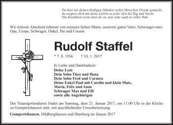 Traueranzeige von Rudolf Staffel von Südthüringer Presse