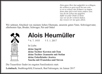 Traueranzeige von Alois Heumüller von Südthüringer Presse
