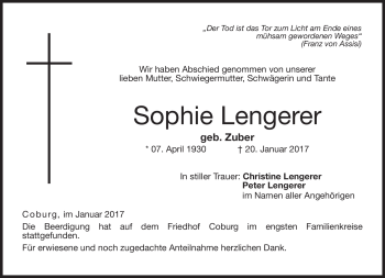 Traueranzeige von Sophie Lengerer von Neue Presse Coburg