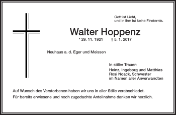 Traueranzeige von Walter Hoppenz von Frankenpost