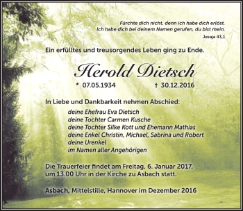 Traueranzeige von Herlold Dietsch von Südthüringer Presse