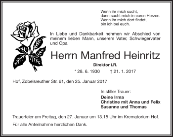 Traueranzeige von Manfred Heinritz von Frankenpost