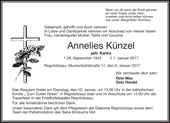 Traueranzeige von Annelies Künzel von Frankenpost