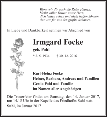 Traueranzeige von Irmgard Focke von Südthüringer Presse