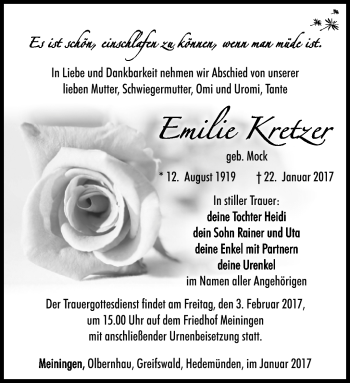 Traueranzeige von Emilie Kretzer von Südthüringer Presse
