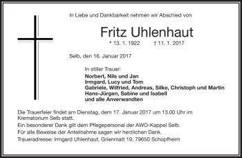 Traueranzeige von Fritz Uhlenhaut von Frankenpost