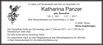 Traueranzeige von Katharina Panzer von Frankenpost