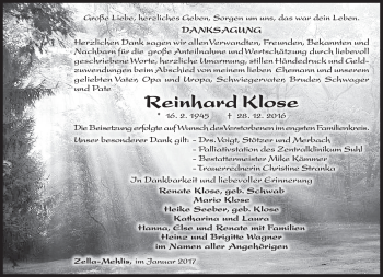 Traueranzeige von Reinhard Klose von Südthüringer Presse