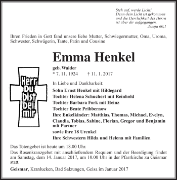 Traueranzeige von Emma Henkel von Südthüringer Presse
