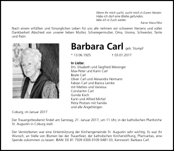 Traueranzeige von Barbara Carl von Neue Presse Coburg