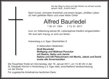 Traueranzeige von Alfred Bauriedel von Frankenpost