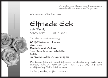 Traueranzeige von Elfriede Eck von Südthüringer Presse