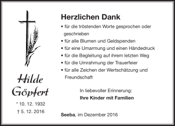 Traueranzeige von Hilde Göpfert von Südthüringer Presse