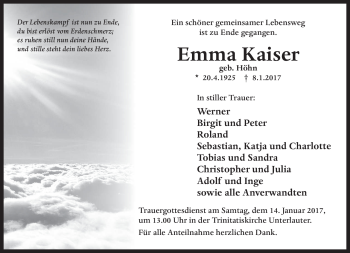 Traueranzeige von Emma Kaiser von Neue Presse Coburg
