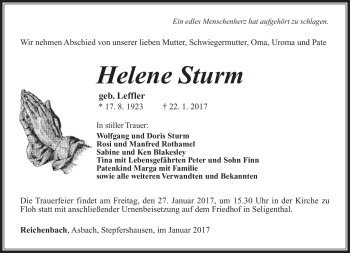 Traueranzeige von Helene Sturm von Südthüringer Presse
