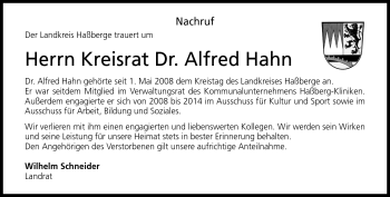 Traueranzeige von Alfred Hahn von Neue Presse Coburg