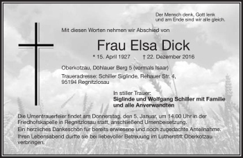 Traueranzeige von Elsa Dick von Frankenpost