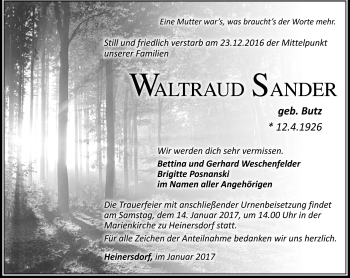 Traueranzeige von Waltraud Sander von Südthüringer Presse