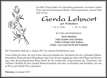Traueranzeige von Gerda Lehnort von Südthüringer Presse