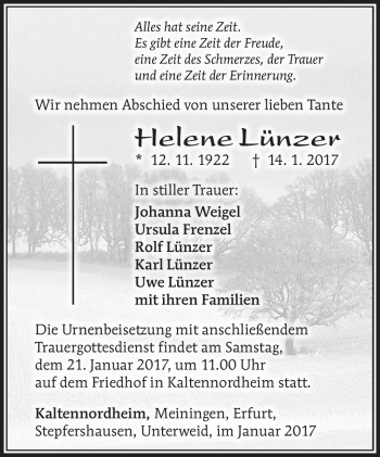 Traueranzeige von Helene Lünzer von Südthüringer Presse