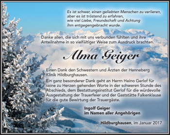 Traueranzeige von Alma Geiger von Südthüringer Presse