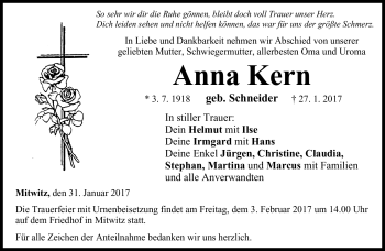 Traueranzeige von Anna Kern von Neue Presse Coburg