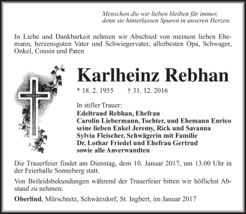 Traueranzeige von Karlheinz Rebhan von Südthüringer Presse