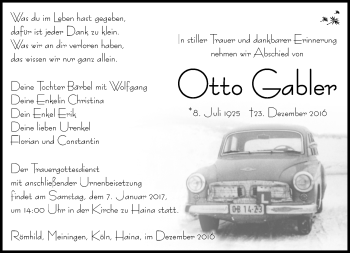 Traueranzeige von Otto Gabler von Südthüringer Presse
