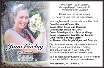 Traueranzeige von Jana Görbig von Südthüringer Presse