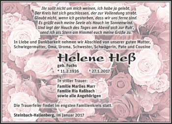 Traueranzeige von Helene Heß von Südthüringer Presse