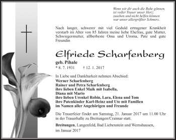 Traueranzeige von Elfriede Scharfenberg von Südthüringer Presse