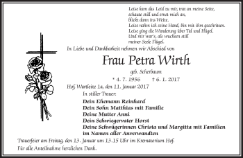 Traueranzeige von Petra Wirth von Frankenpost